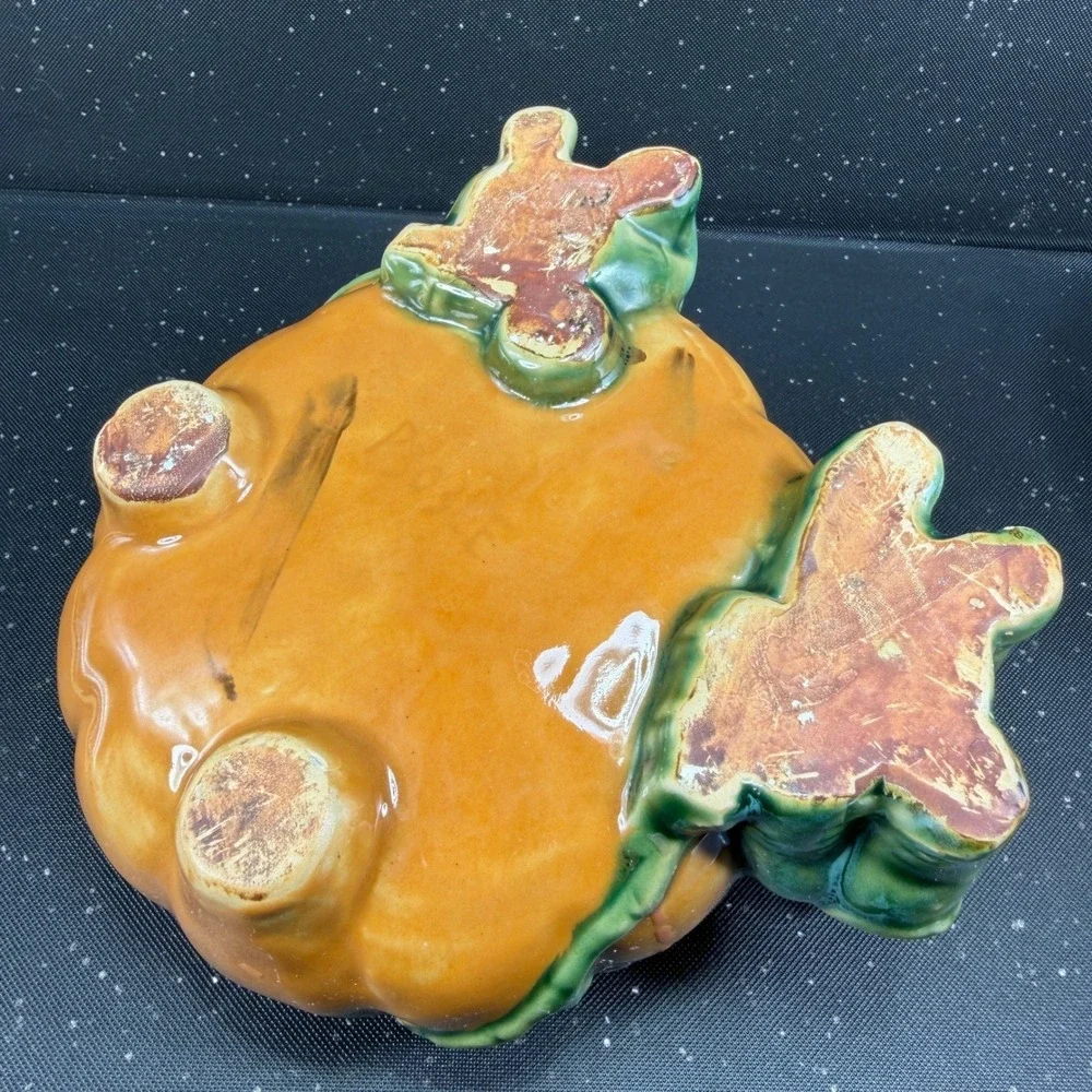 Vintage Majolica Style Elephant Pumpkin Ceramic Planter Green Orange Dish Bowl